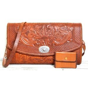 VINTAGE HARKNESS BUILT TOOLED TAN GENUINE LEATHER SHOULDER BAG HANDBAG PURSE